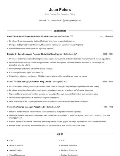 Chief Finance And Operating Officer Resume