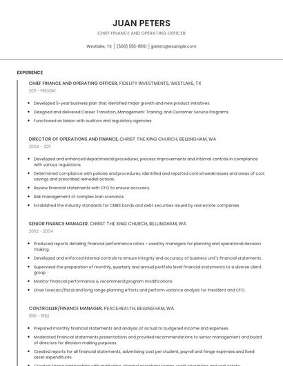 Chief Finance And Operating Officer Resume