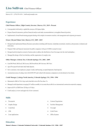 Chief Finance Officer Resume