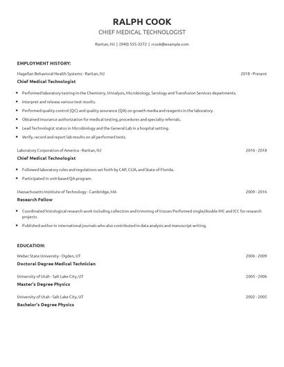 Chief Medical Technologist Resume