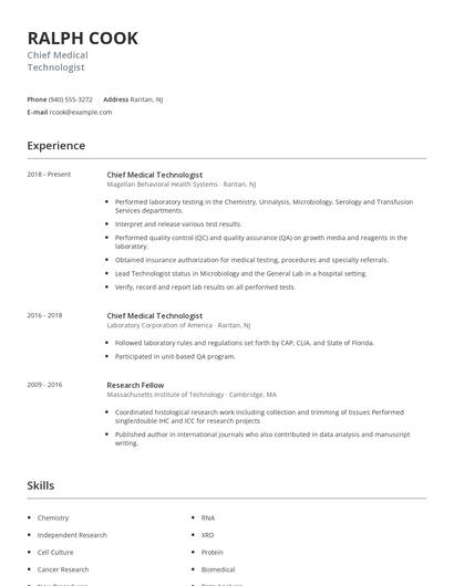Chief Medical Technologist Resume