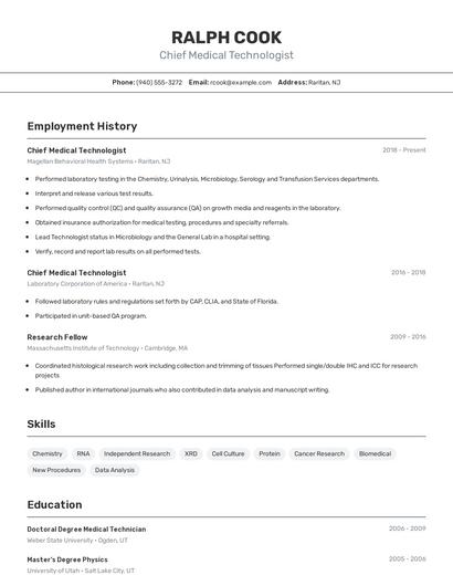 Chief Medical Technologist Resume