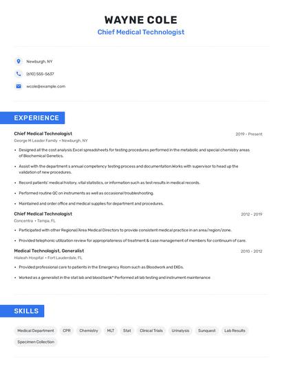 Chief Medical Technologist Resume