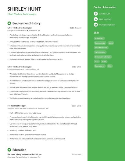 Chief Medical Technologist Resume