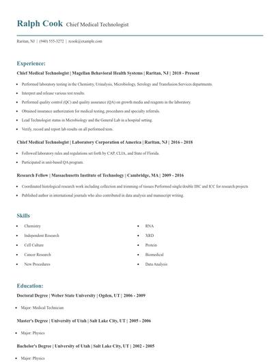 Chief Medical Technologist Resume