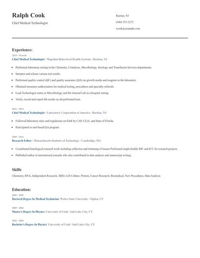 Chief Medical Technologist Resume