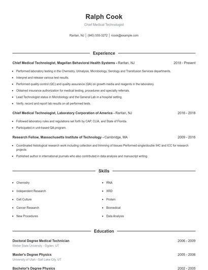 Chief Medical Technologist Resume
