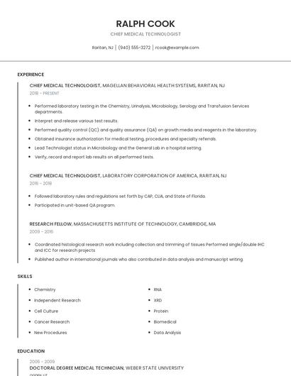 Chief Medical Technologist Resume