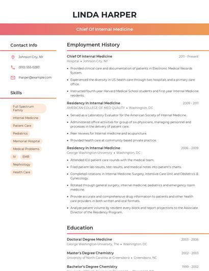 Chief Of Internal Medicine Resume