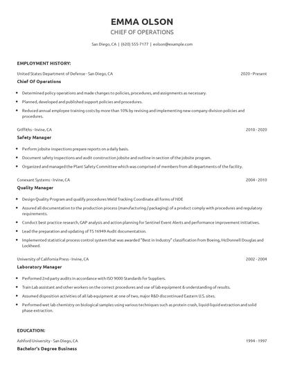 Chief Of Operations Resume