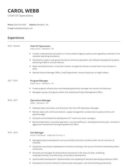 Chief Of Operations Resume