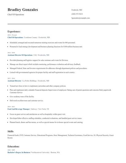 Chief Of Operations Resume