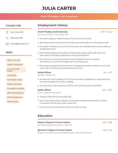 Chief Of Safety And Protection Resume