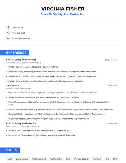 Chief Of Safety And Protection Resume