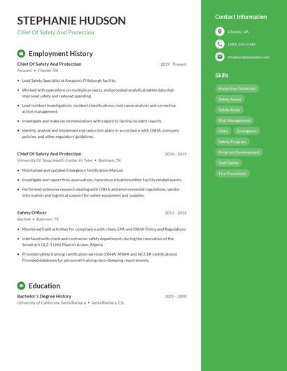 Chief Of Safety And Protection Resume