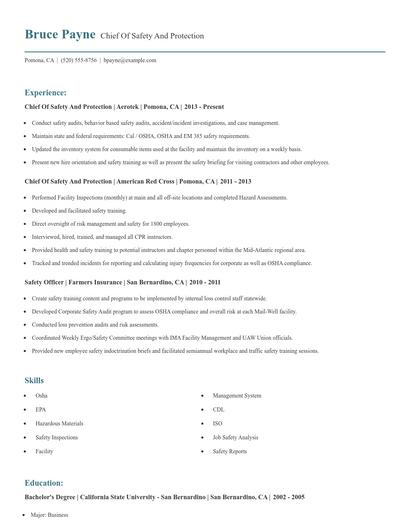 Chief Of Safety And Protection Resume