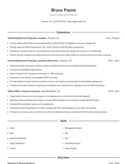 Chief Of Safety And Protection Resume