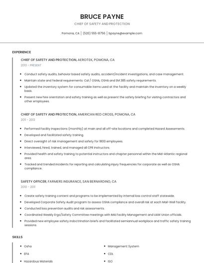Chief Of Safety And Protection Resume