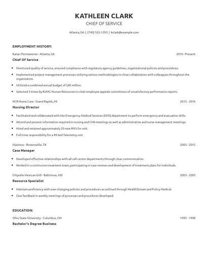 Chief Of Service Resume