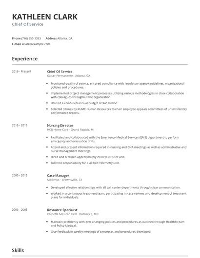 Chief Of Service Resume