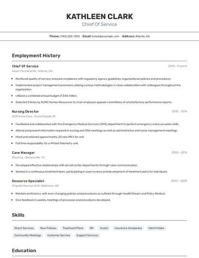 Chief Of Service Resume