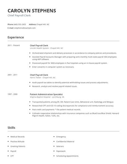 Chief Payroll Clerk Resume