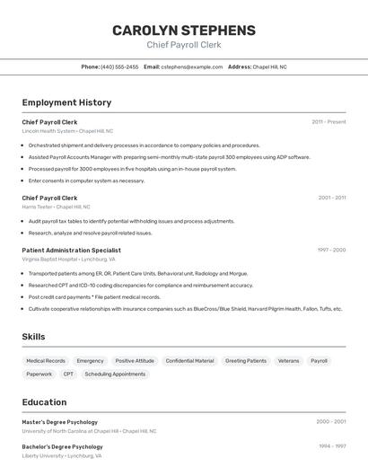 Chief Payroll Clerk Resume