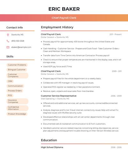 Chief Payroll Clerk Resume