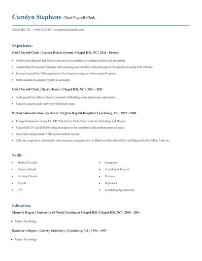 Chief Payroll Clerk Resume
