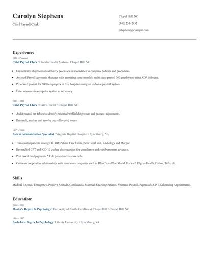 Chief Payroll Clerk Resume