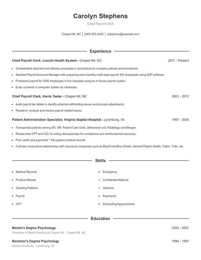 Chief Payroll Clerk Resume