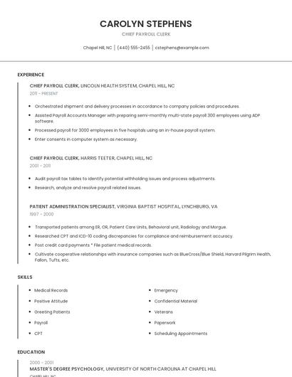 Chief Payroll Clerk Resume