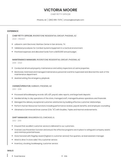 Chief Petty Officer Resume