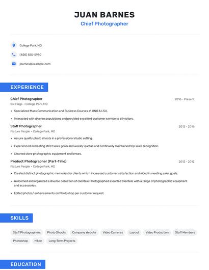 Chief Photographer Resume