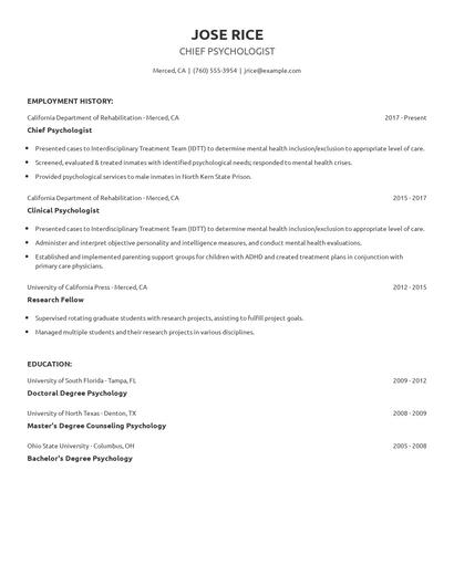 Chief Psychologist Resume