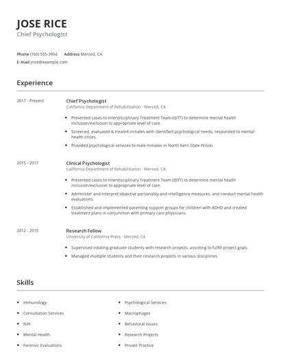 Chief Psychologist Resume