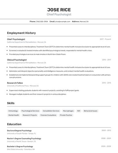 Chief Psychologist Resume