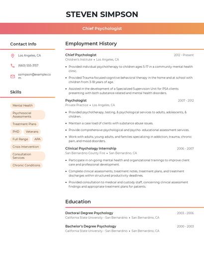 Chief Psychologist Resume