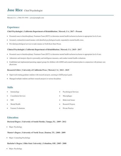 Chief Psychologist Resume