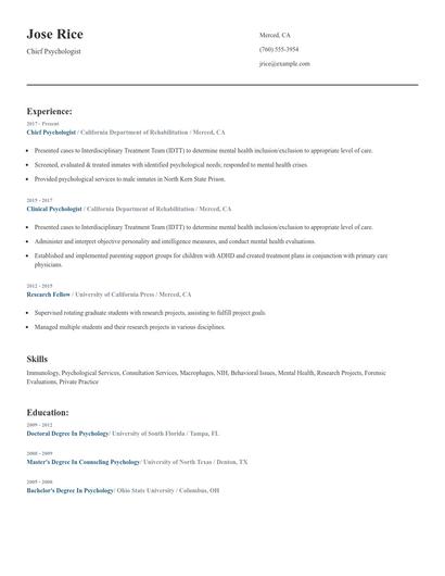 Chief Psychologist Resume