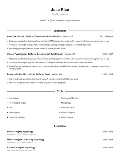 Chief Psychologist Resume