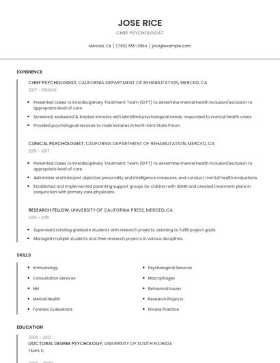 Chief Psychologist Resume