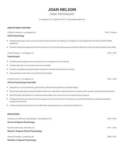 Chief, Psychology Resume