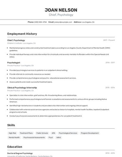 Chief, Psychology Resume