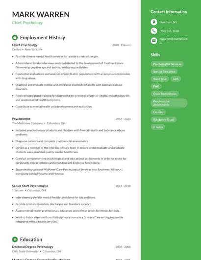 Chief, Psychology Resume