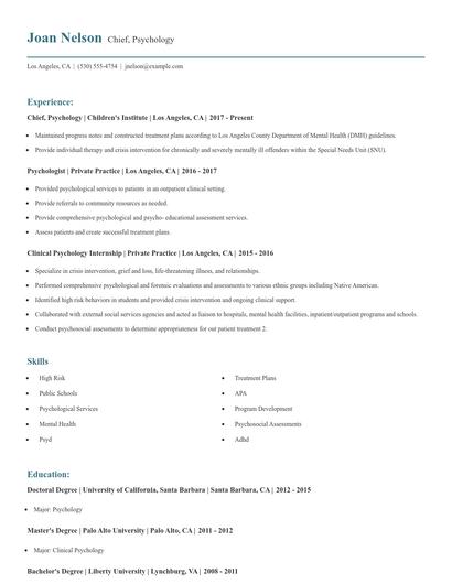 Chief, Psychology Resume