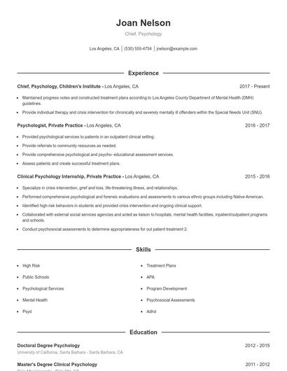 Chief, Psychology Resume