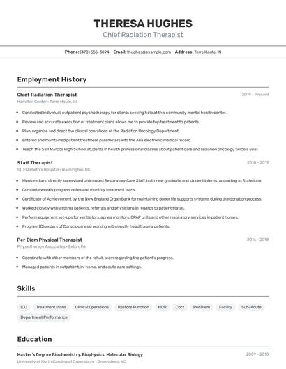 Chief Radiation Therapist Resume