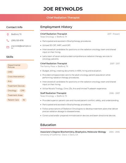 Chief Radiation Therapist Resume