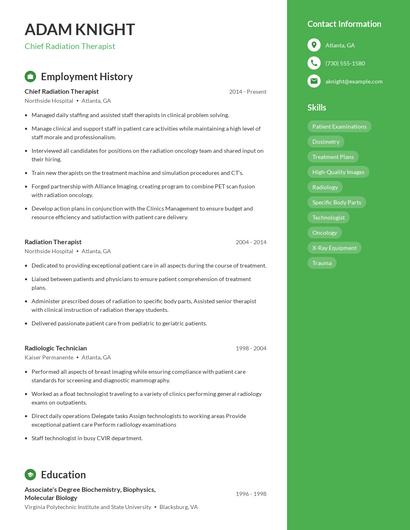 Chief Radiation Therapist Resume